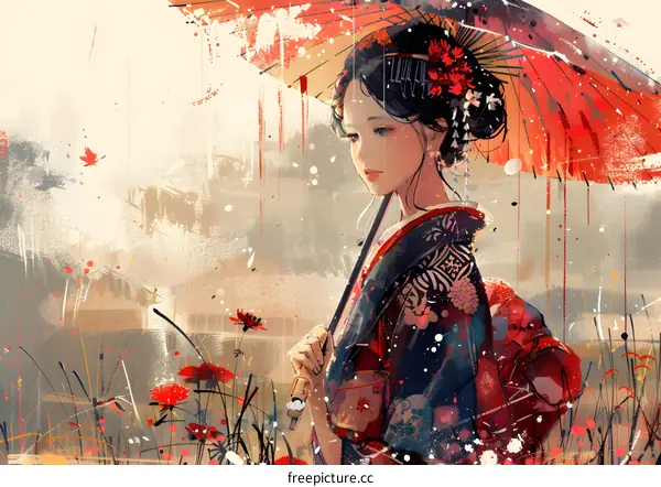 A woman in a kimono holding a red umbrella