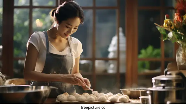 Woman Making Delicious Dumplings in Kitchen