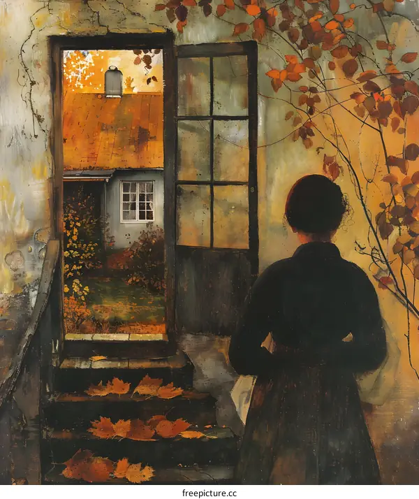 A woman standing in a doorway looking out at an autumn garden