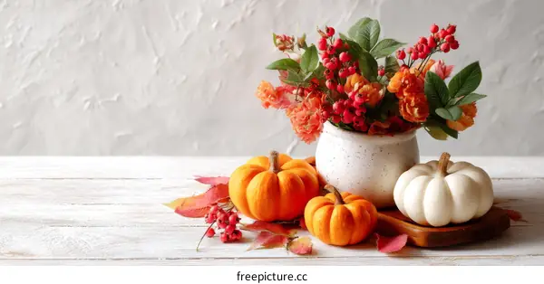 Autumnal Decor Arrangement with Pumpkins and Flowers