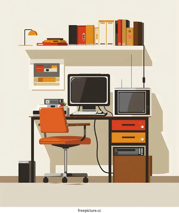 Retro Home Office Desk with Computer and Television