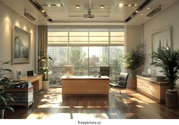 Modern office interior with large windows and wooden furniture