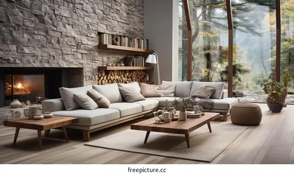 Stunning Modern Living Room with Fireplace, Large Windows and Stone Wall