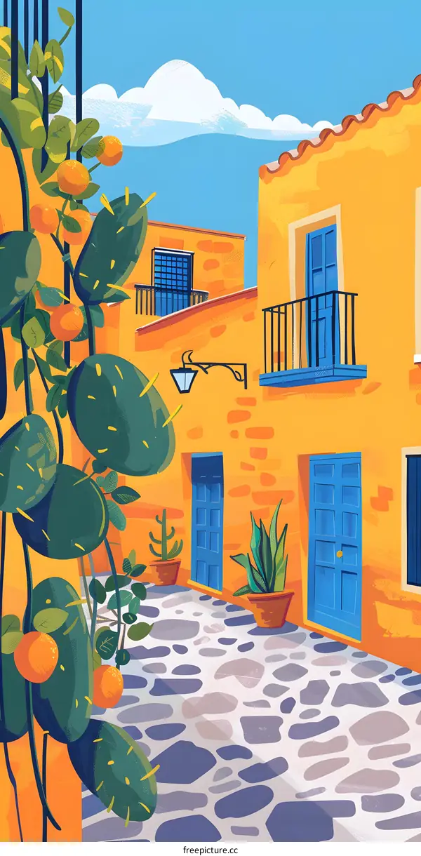 Colorful Illustration of a European Style Building With Cobblestone Pathway