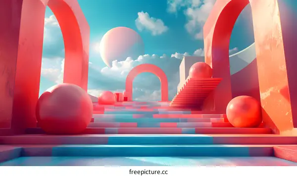 Surreal pink and blue landscape with arches and stairs