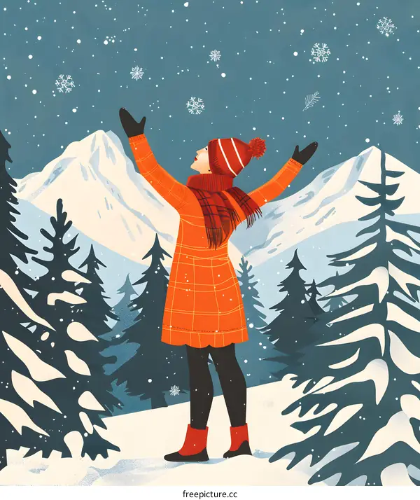 Woman In Red Coat Enjoying The Snow