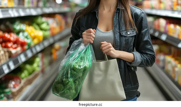 Woman Shopping in Grocery Store with Produce Bags