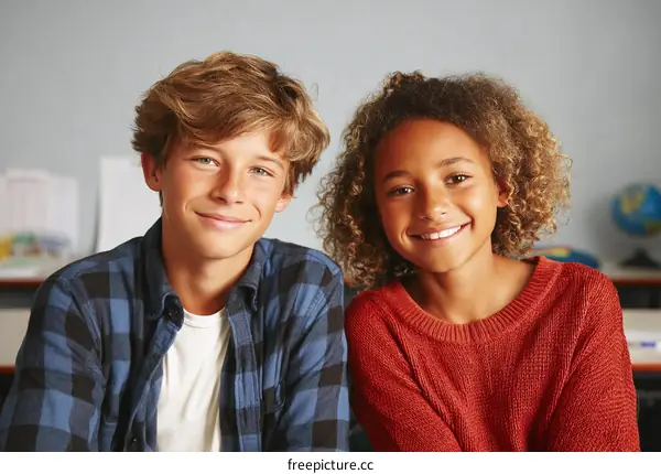Two Diverse Students Smiling Together in a Classroom Setting