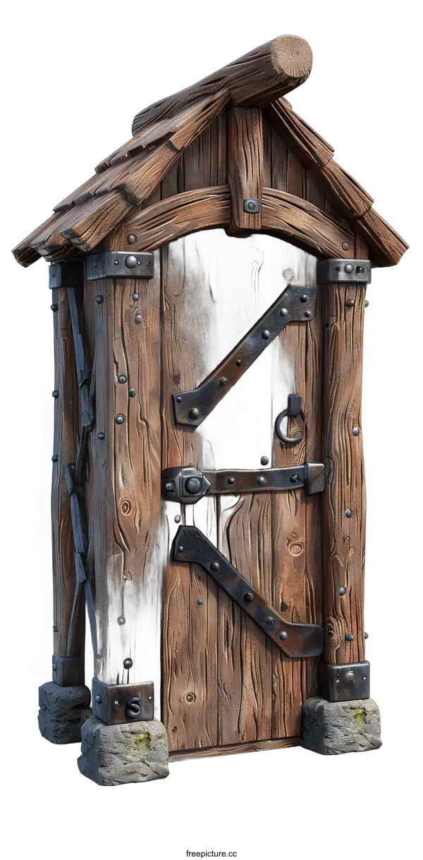 [Transparent Background PNG]A wooden door with metal reinforcements