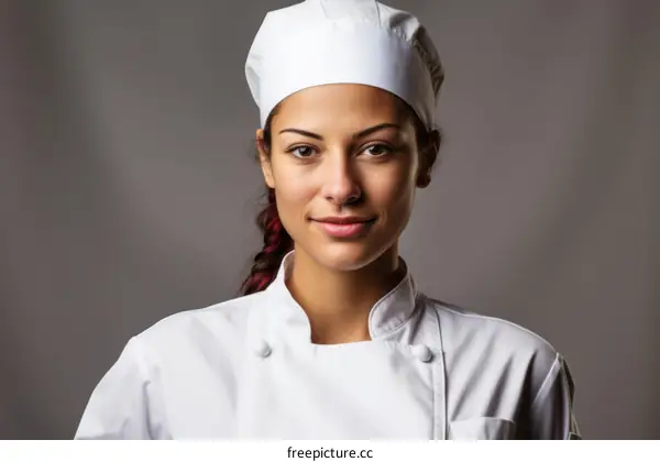 Portrait of a young female chef wearing a white toque and chef's coat