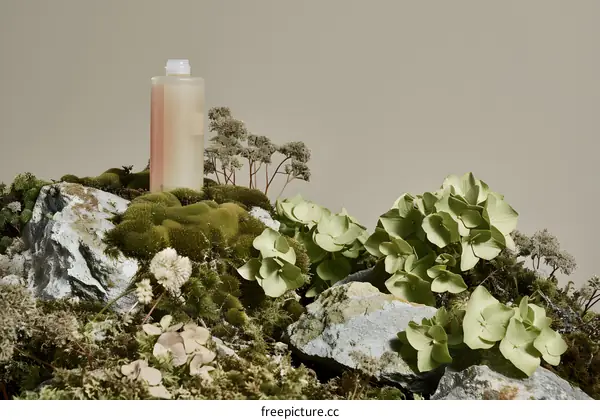 Natural Product Bottle on Mossy Rocks with Green Plants