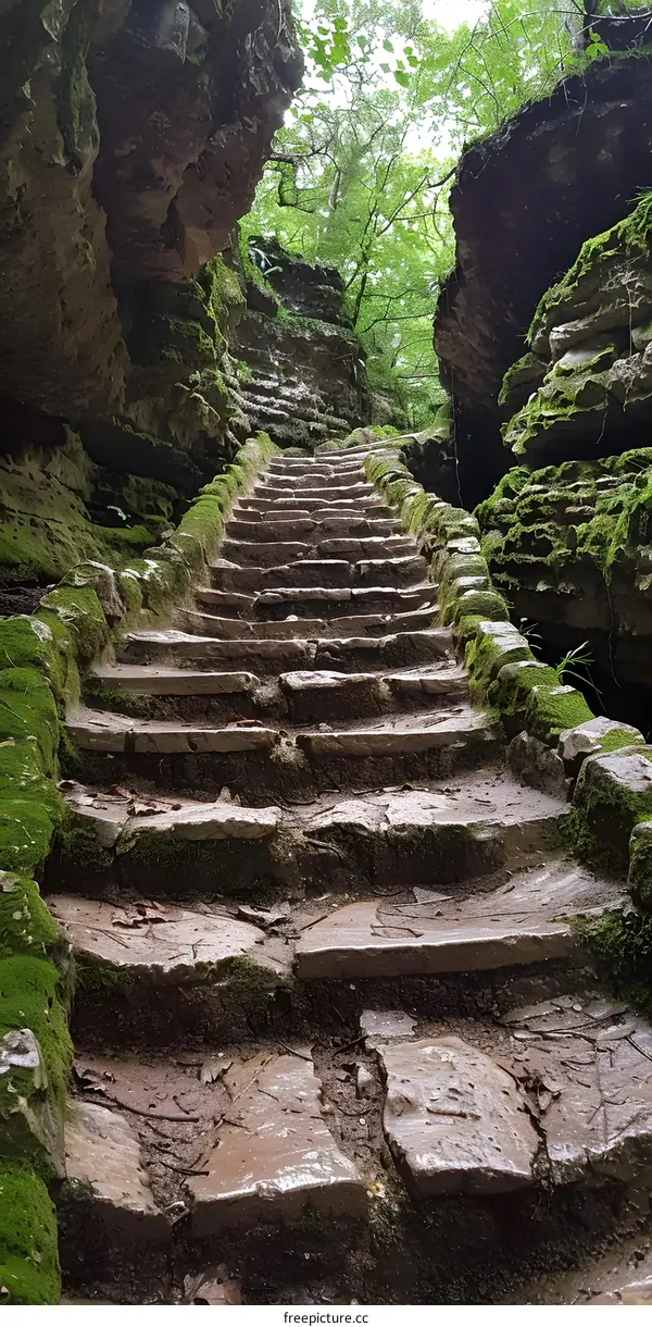 Stone Steps Leading Up Through Lush Forest