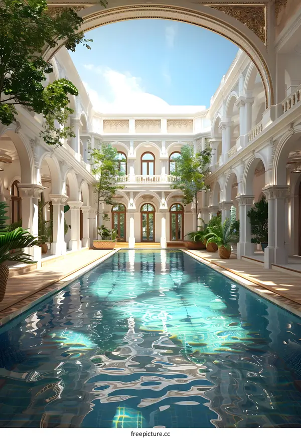 Luxury Swimming Pool in a White Palace Courtyard