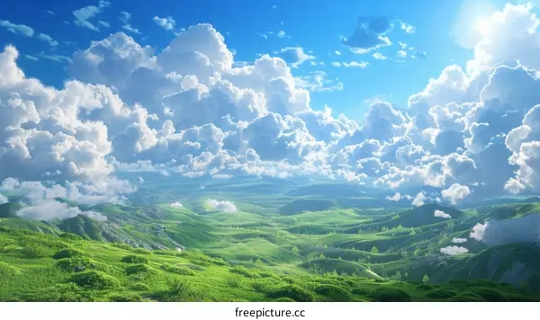 Rolling Green Hills Under Blue Sky and Clouds