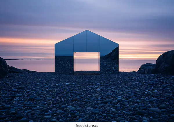 Mirror House on a Pebble Beach at Sunset