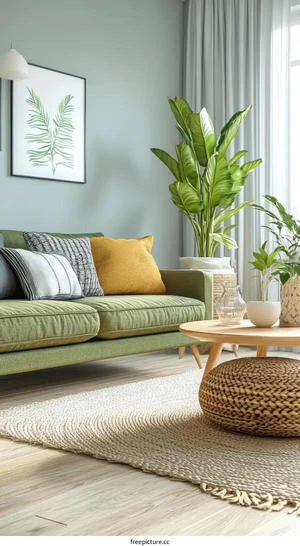 Modern Living Room Interior Design with Green Sofa and Beige Rug