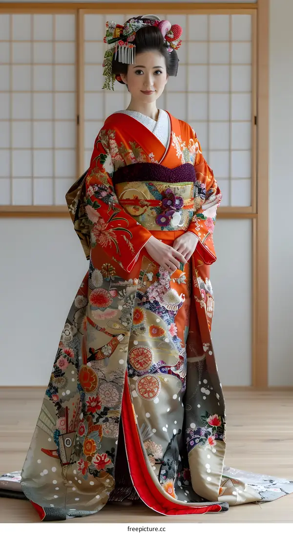 A Japanese bride wearing a traditional wedding kimono