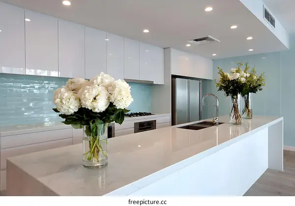 Modern White Kitchen with Light Teal Backsplash