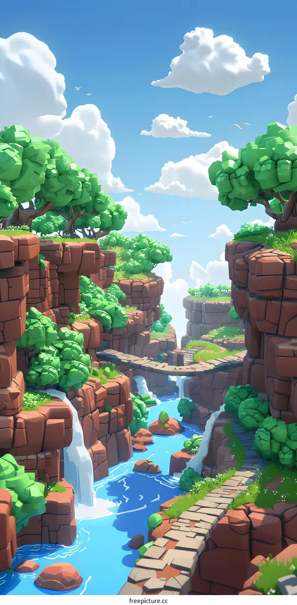 Cartoon Illustration of a Lush Green Canyon with a Bridge and Waterfall