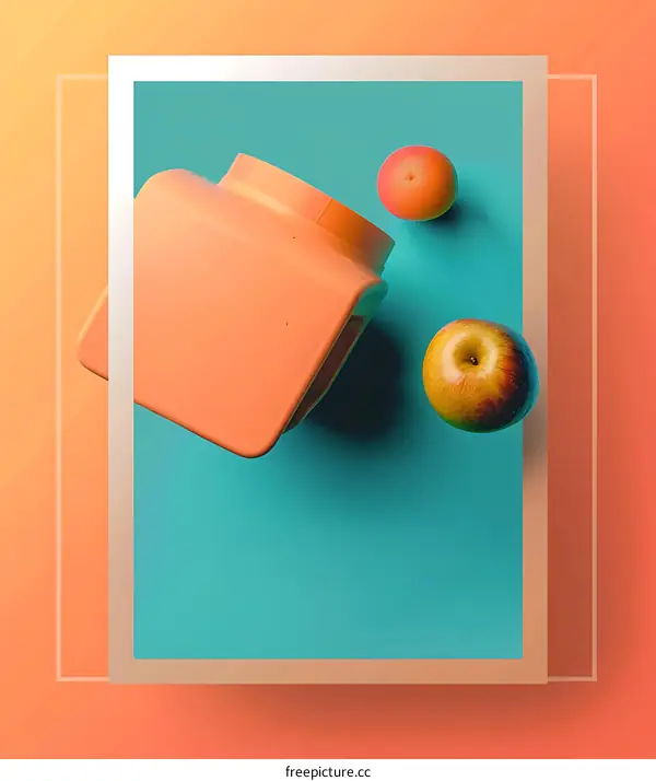 Abstract 3D Design with Apple and Orange on Blue Background