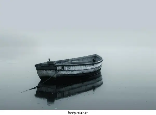 Wooden Boat on a Calm Lake in Fog