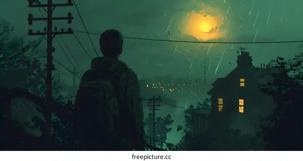 Man Standing on a Hillside Looking at a Cityscape with a Falling Star