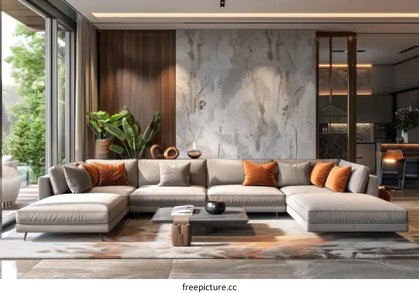 Modern Living Room with Green Plants and Balcony