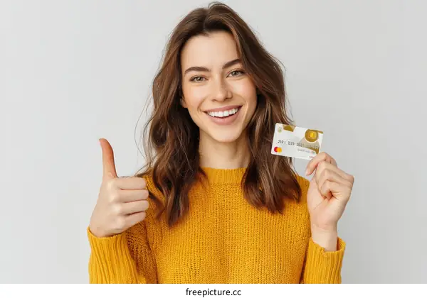 Woman Holding Credit Card Giving Thumbs Up