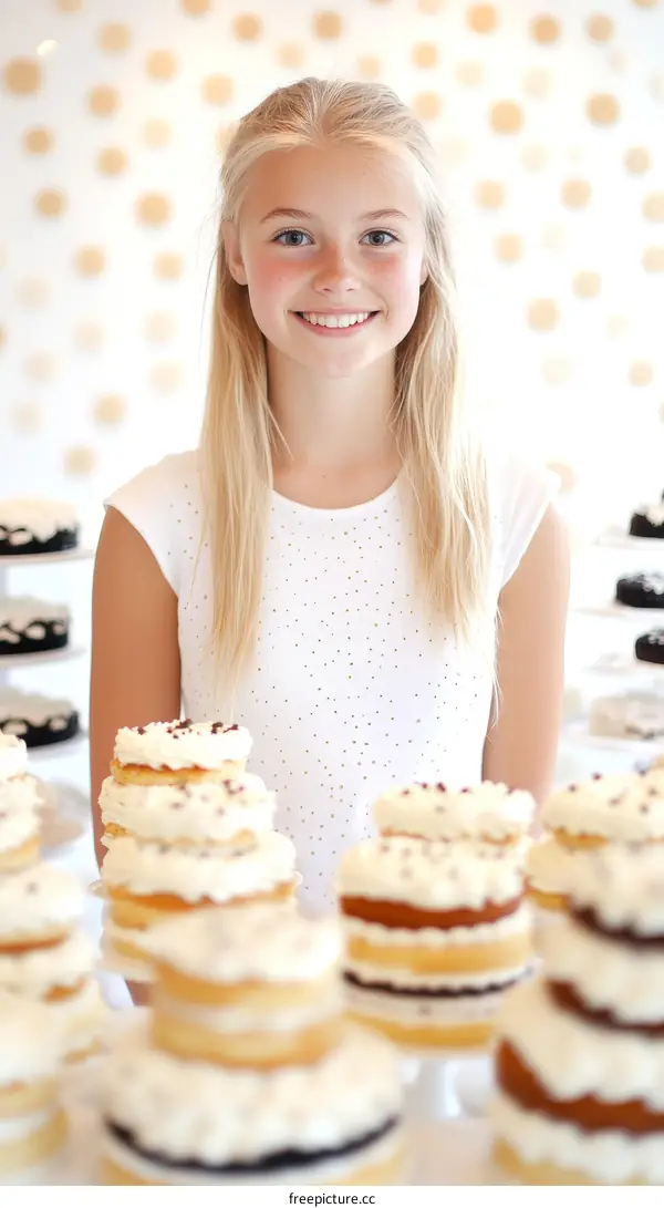 Smiling Girl Surrounded by Delicious Cakes