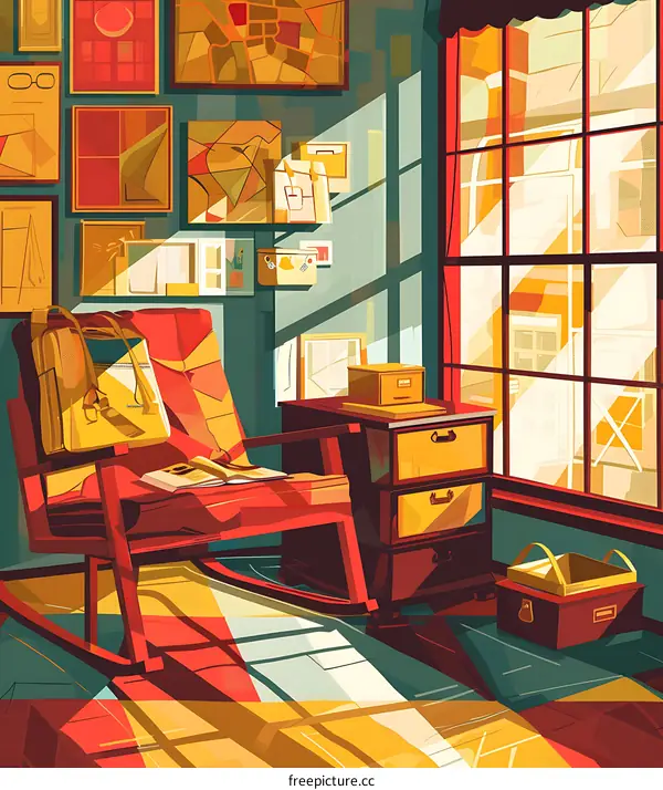 Sunlit Room with Rocking Chair and Books