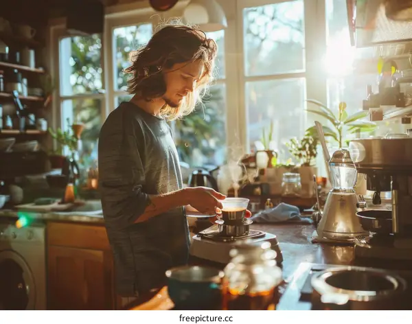 Young caucasian man making coffee in the kitchen