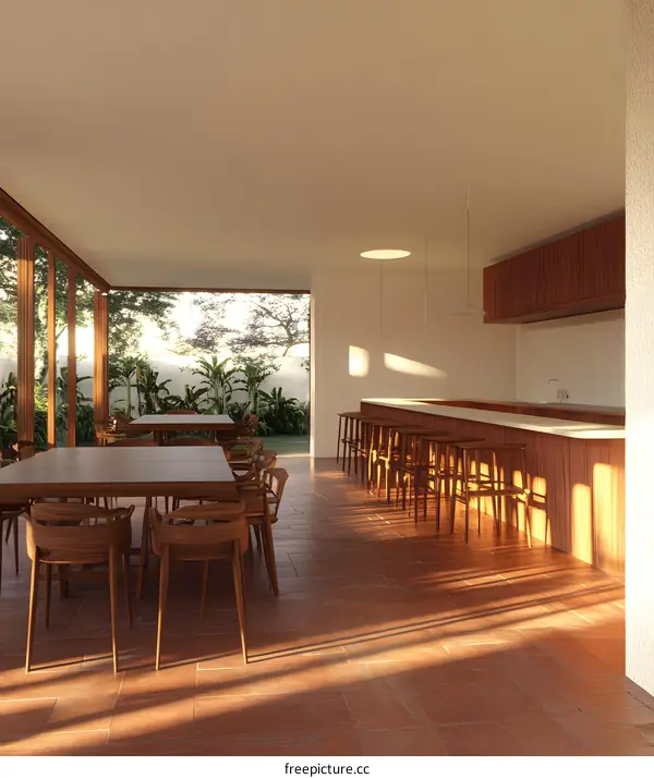 Modern Interior Design with Wooden Furniture and Garden View