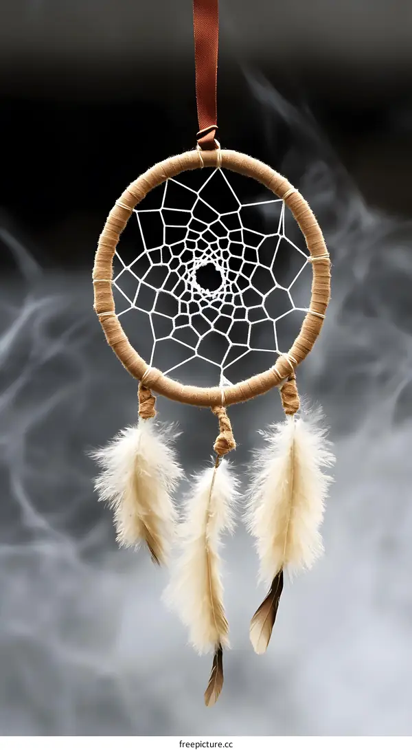 Brown Dream Catcher With Feathers Hanging On String