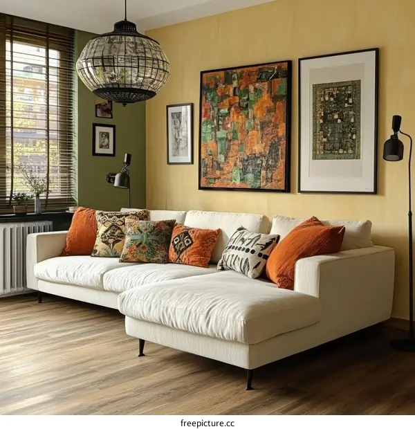 Modern Living Room with L-Shaped Sofa and Ethnic Decor