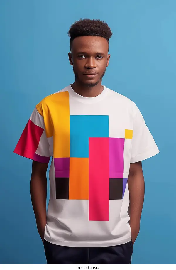 A young African-American man wearing a colorful shirt