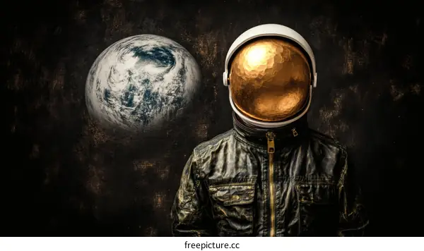Astronaut in Golden Helmet Facing the Earth