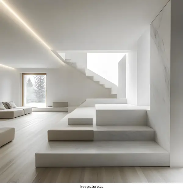 Modern Minimalist Home Interior Design With White Marble Staircase And Wooden Floor