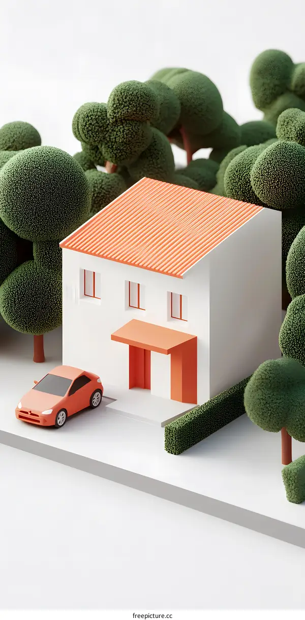 Orange Roof House and Car 3D Render