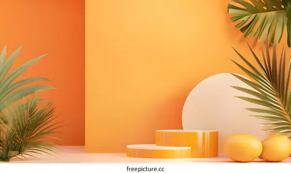 Orange and Yellow Minimalist Tropical Background with Palm Leaves