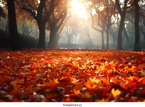 Autumn Leaves Covered Ground in Forest with Sunlight