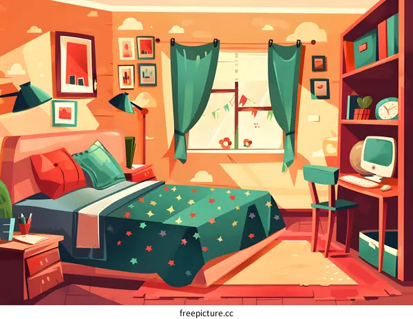 Cartoon Illustration of a Modern Bedroom with a Bed, Desk, and Bookshelf
