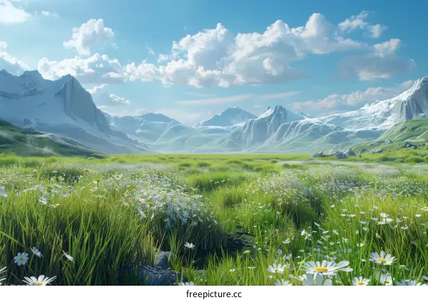 Tranquil Grassland in a Snow-Capped Mountain Valley