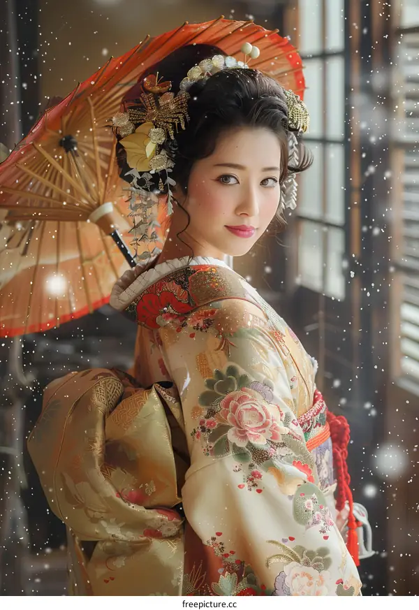 A beautiful Japanese woman wearing a kimono and holding an umbrella.