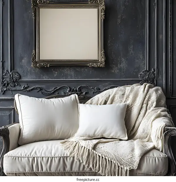 White Sofa with Throw Blanket and Gold Frame