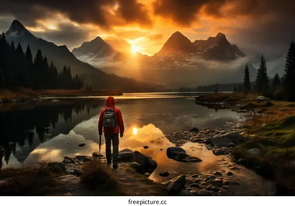 Man standing on the shore of a lake in the mountains at sunset