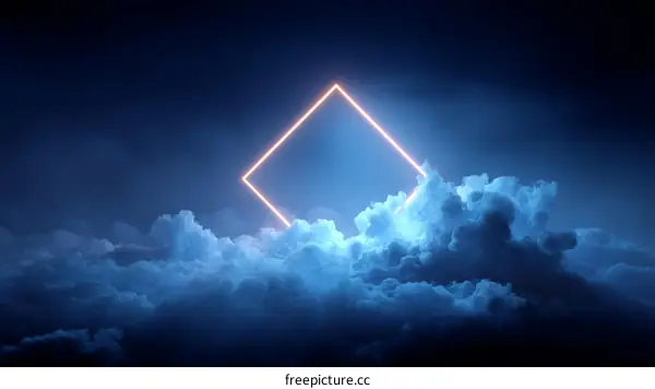 Neon Light Square Frame Above Clouds