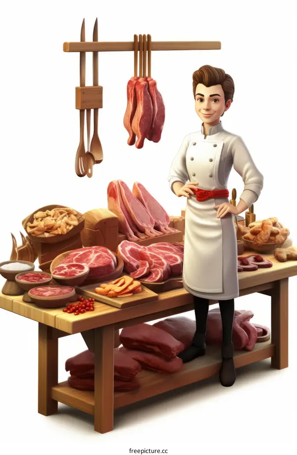 A butcher standing behind a counter full of meat.