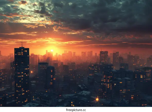 City Sunset Skyline Illustration