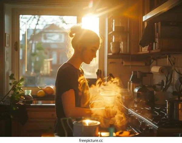 Young woman cooking in a sunlit kitchen