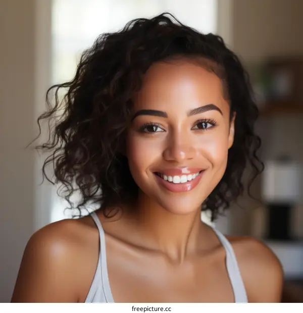 A beautiful young woman with curly hair smiling
